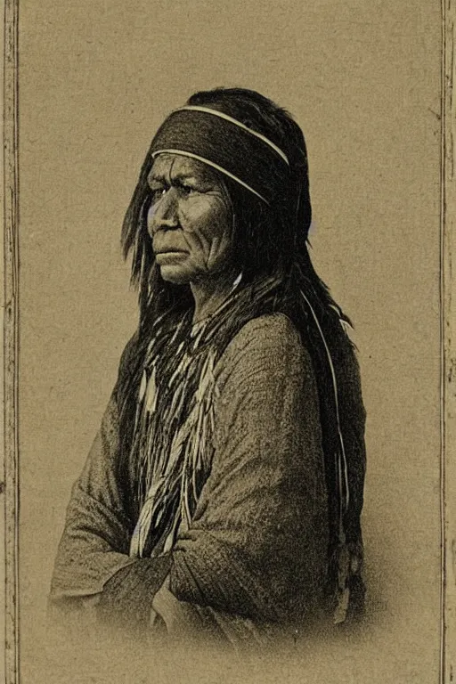 Image similar to “19th century wood engraving of a Native American indian woman, portrait, Nanye-hi Beloved Woman of the Cherokee, wearing a papoose showing pain and sadness on her face, ancient”