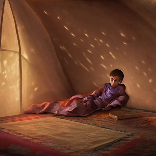 Prompt: Beautiful hyperrealistic detailed matte portrait painting of 12 year old middle eastern skinned boy with short hair and Biblical clothing sleeping. Interior of ancient tent. Nightime. Light rays shine onto his body. post processing, ultra detailed, trending on artstation