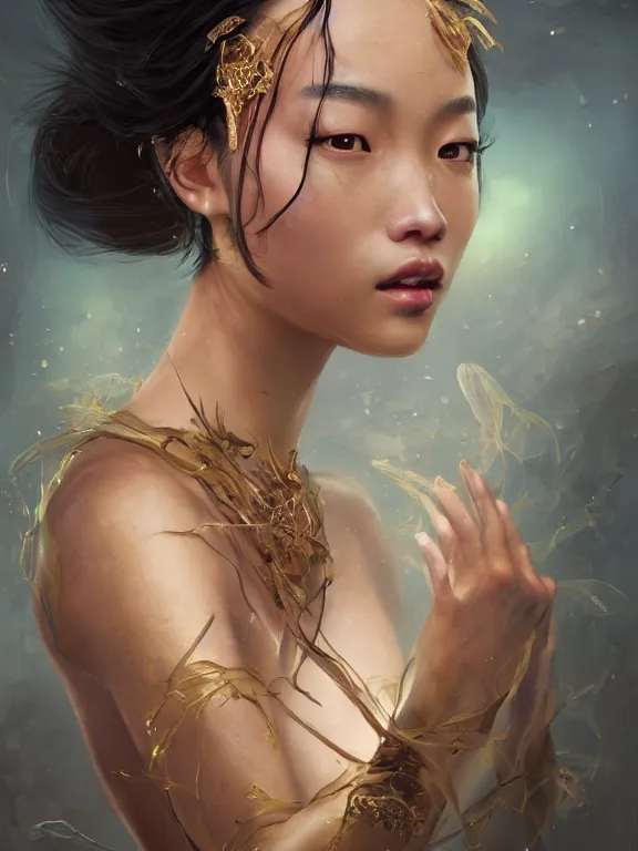 Image similar to beautiful portrait of a Chinese-French mixed race female, subtropical ethnicity, ivory skin, dark brown long hair, dark brown eyes, wearing fantasy minority costume,intricate, elegant, highly detailed, dim volumetric lighting, abstract, 8k,octane,post-processing,digital painting, trending on artstation, concept art, smooth, sharp focus, illustration,by Tom Bagshaw and Daniel Gerhartz and Albert Aublet and Lawrence Alma-Tadema and alphonse mucha