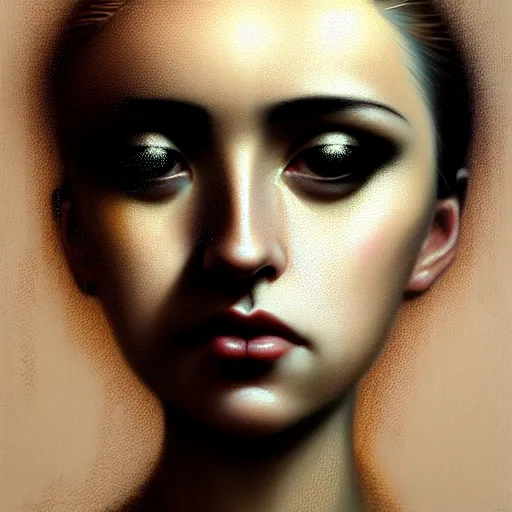 Image similar to face portrait of an absurdly graceful, elegant, sophisticated emo girl covered in razor blades in the style of casey baugh, vladimir kush, yasunari ikenaga, yasar vurdem, william oxer, intricate, beautiful, artstation 8 k, high resolutionsparkling atom fractals of jewls cords