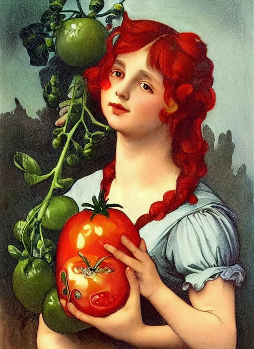 Image similar to Girl with a tomato, in the style of Raphael and Mark Ryden and Alphonse Mucha,