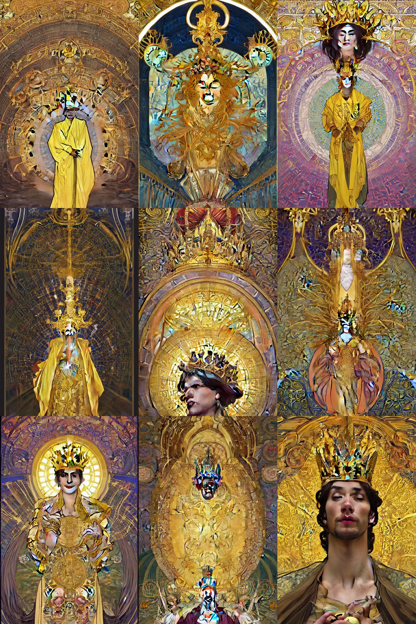 Prompt: A full body portrait of a majestic king of the mountain, the vaulted marble hall with a very long yellow cloak, a golden crown floating above his head, tiled flooring around him art by Alphonse Mucha, Ross Tran, Maciej Kuciara, Lee Griggs and Jason Chan, joyous trumpets, cosmic royalty, trending on artstation, Ultra detailed, hyper realistic 4k