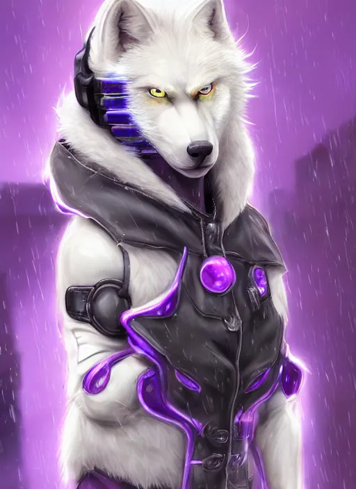 Prompt: award winning beautiful portrait commission of a male furry anthro albino wolf fursona with a tail and a cute beautiful attractive detailed furry face wearing stylish black, purple and yellow cyberpunk biker clothes riding a futuretech motorcycle in a cyberpunk city at night while it rains. Character design by charlie bowater, ross tran, artgerm, and makoto shinkai, detailed, inked, western comic book art