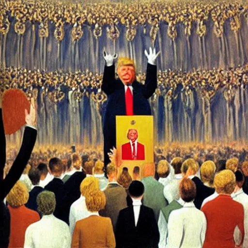 Image similar to enoumous crowd of millions of people, everyone is laughing and pointing at donald trump on a podium. he is not wearing pants and his legs are visible. painting by salvador dali.