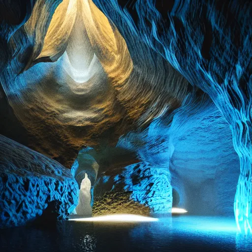 Image similar to light is mine to travel,beyond time ,the cathedrals in a underground vast cave canyon grotto of life the beginning , geological strata,ground mist, falling water,deep clear pools of water, hypermaximalist,micro details, 3d sculpture,,digital rendering,octane render , 4k, artstation, concept art ,amazing lighting, f32,deep depth of field,photographic, wide angle,cinematic lighting