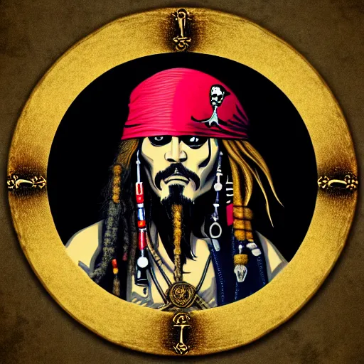 Prompt: a potrait of pirates, king of pirates, gold teeth, crazy hair, wearing armor, flag on his back, 1 6 0 0 century, jack sparrow, black beard, one piece, photo realistic, in a circle, nft style, dust, grain, scretch on picture, noise, deep focus, high detail