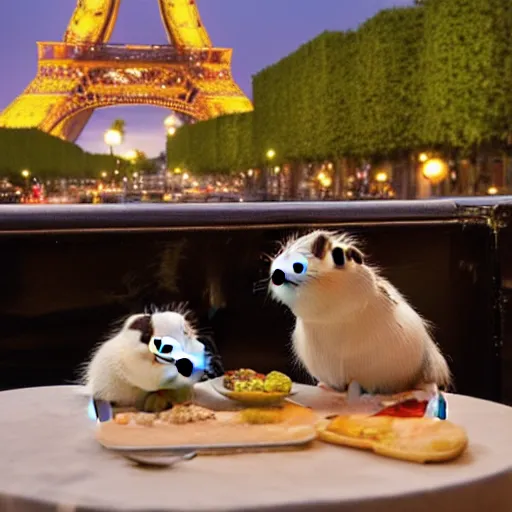 Image similar to two guinea pigs having dinner outside a cafe in Paris in the evening, the eiffel tower is visible in the background