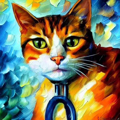 Prompt: portrait painting of a cat as an explorer by Leonid Afremov, stethoscope