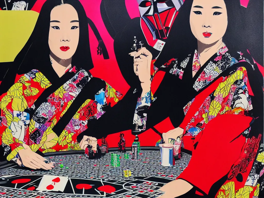 Image similar to hyperrealism composition of the detailed woman in a japanese kimono sitting at an extremely detailed poker table with darth vader, terminator, fireworks on the background, pop - art style, jacky tsai style, andy warhol style, acrylic on canvas