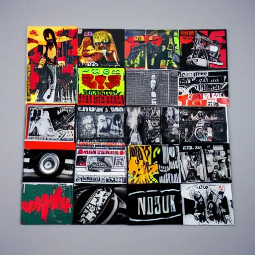 Image similar to sportscar made out of punk album art sleeves, 3 5 mm film