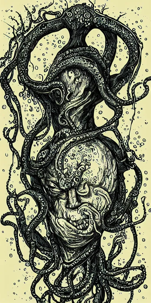 Prompt: high detailed drawing a man with the head of a broken egg, with arms of tentacles. He has a knife in his hand and splatters micro droplets, disney style