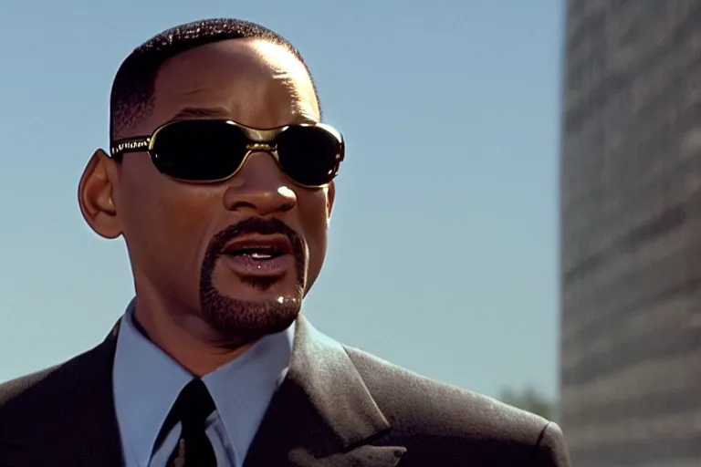 Image similar to cinematic still of will smith in men in black ( 2 0 0 1 ), xf iq 4, f / 1. 4, iso 2 0 0, 1 / 1 6 0 s, 8 k, raw, dramatic lighting, symmetrical balance, in - frame, highly accurate facial features