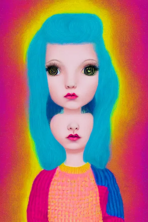Prompt: an portrait of a girl with pink hair wearing a bright colorful retro sweater, evokes chrysalism painting by mark ryden, and lisa frank