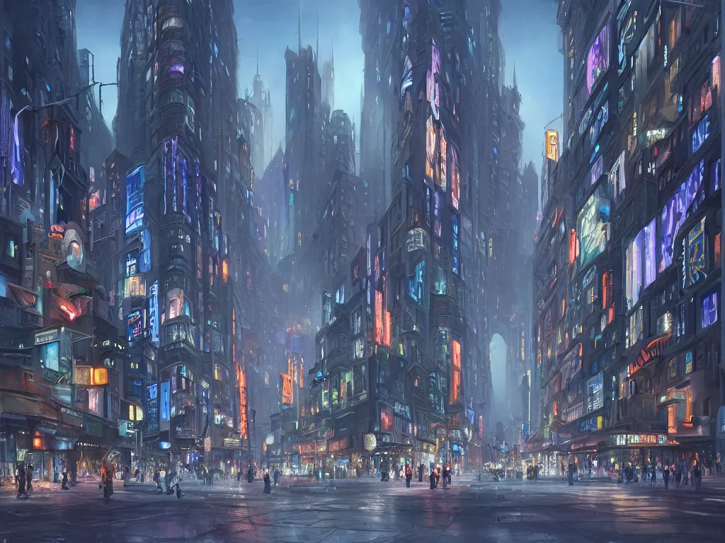 Prompt: beautiful matte painting of a busy city street with complex buildings, vivid lights, art deco, street view, street level, futuristic, technological lights, large screens, ads, intricate, fine detail, smooth lines, polished, cinematic lighting, concept art, blue color scheme, digital painting, realism, by hugh ferris and noriyoshi ohrai