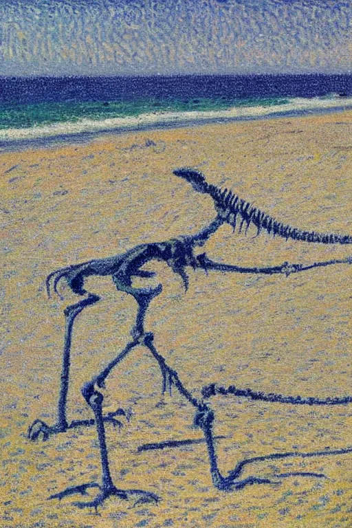 Image similar to a dinosaur skeleton by an ocean beach, soft edges, medium saturation, high contrast, gustave loiseau