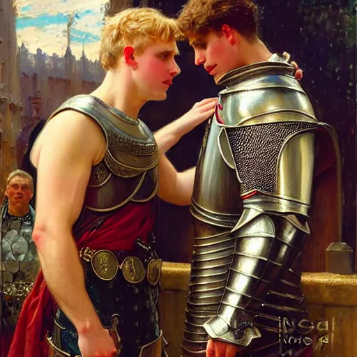 Image similar to attractive fully clothed arthur pendragon confesses his love for his attractive fully clothed male knight. highly detailed painting by gaston bussiere and j. c. leyendecker 8 k