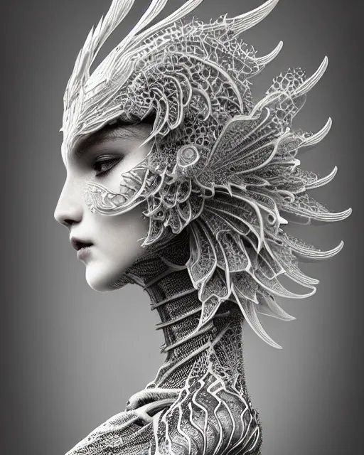 Prompt: bw dreamy close - up profile face, beautiful young porcelain intricate bio - mechanical vegetal - dragon - cyborg - female, white metallic armour, white peacock feathers, smoke art, fine mandelbrot fractal lace, 1 5 0 mm, soft rim light, elegant, hyper real, ultra detailed, octane render, hg giger, 1 6 k