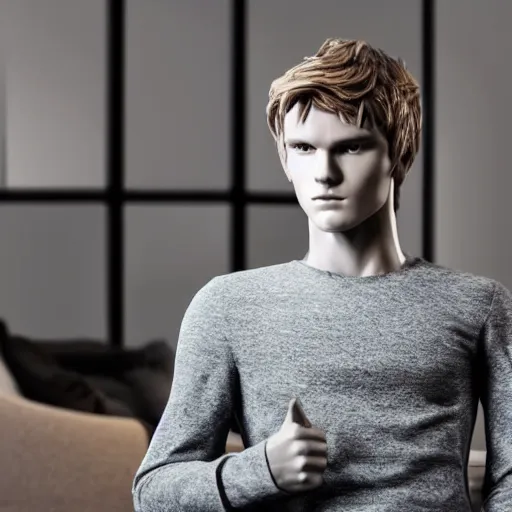 Prompt: a realistic detailed photo of a guy who is an attractive humanoid who is half robot and half humanoid, who is a male android, soccer player martin ødegaard, shiny skin, posing like a statue, blank stare, in a living room, on display