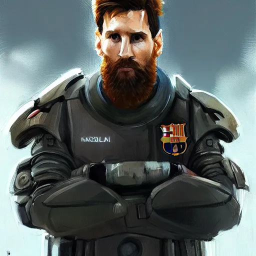 Prompt: portrait of lionel messi by greg rutkowski, mech suit, messy blond hair, beard, tall and muscular, star wars expanded universe, he is about 3 0 years old, wearing a flying jacket, distrustful and arrogant, highly detailed portrait, digital painting, artstation, concept art, smooth, sharp foccus ilustration, artstation hq