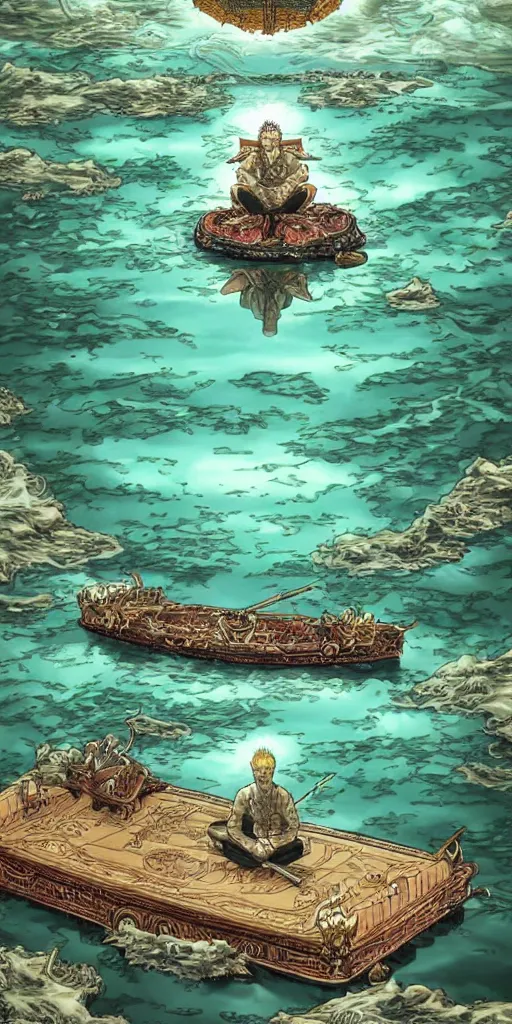 Prompt: a lone emperor sitting on a emerald throne floating on water in the middle of a lake drawn by Makoto Yukimura in the style of Vinland saga anime, full color, detailed, psychedelic, Authority, structure, a father figure