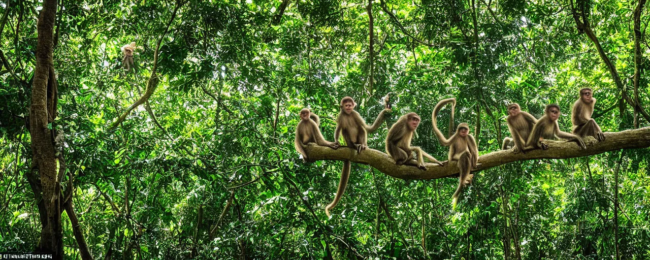 Image similar to a family of monkeys swing through the trees in a beautiful jungle landscape bordered by vines, backlit