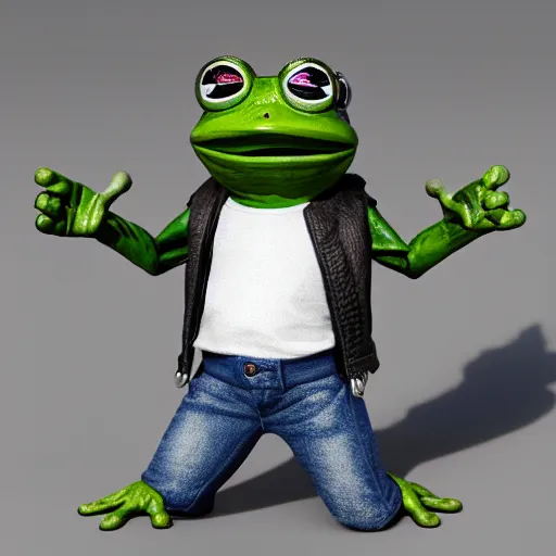 Image similar to perfectly accurate miniature figure of pepe the frog wearing jeans and a black leather jacket, soft textures, skin texture, clothing, 3d sculpture, textured, fine detail, lifelike, photo, high resolution, octane render, post processing, after effects, trending on artstation