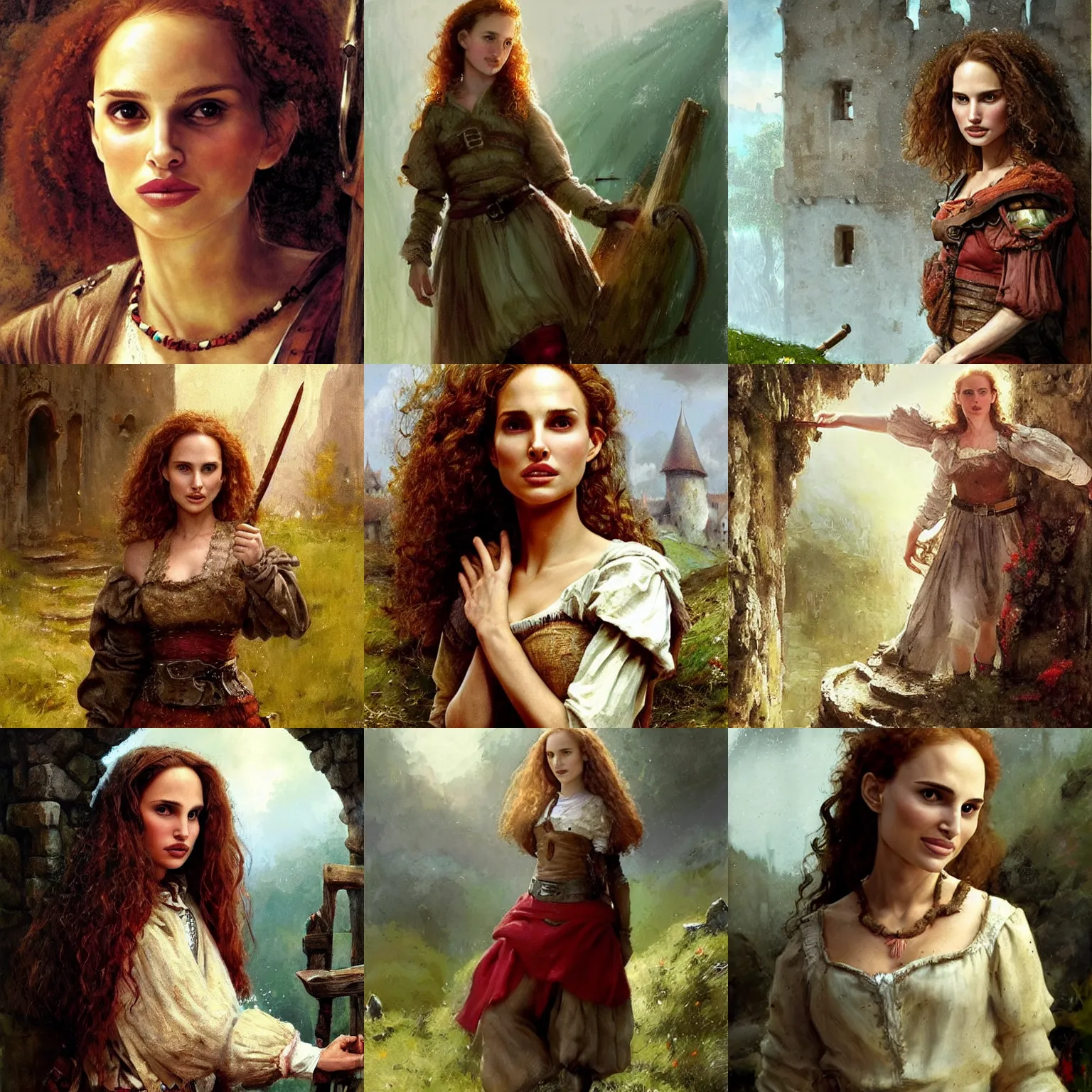 Prompt: young, freckled, curly haired, redhead Natalie Portman as a optimistic!, cheerful, rattlebrained medieval innkeeper in a dark medieval inn. colorful, soft focus, fantasy character concept art by by Jakub Rozalski, Jan Matejko, and J.Dickenson