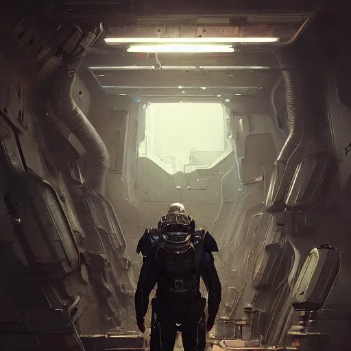 Image similar to scifi art by Greg Rutkowski, a man wearing futuristic riot control gear, claustrophobic and futuristic environment, detailed and intricate environment, high technology, highly detailed portrait, digital painting, artstation, concept art, smooth, sharp foccus ilustration, Artstation HQ