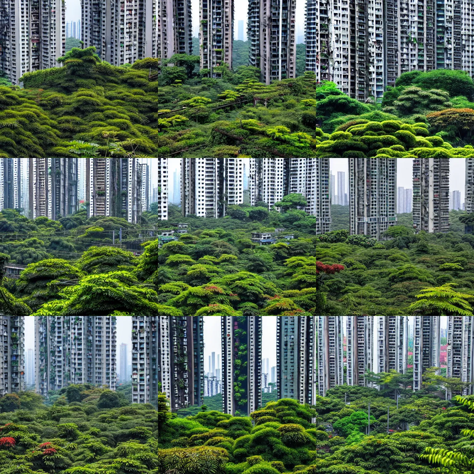 Prompt: an overgrown abandoned east asian cityscape, large apartment blocks and decaying skyscrapers covered in leaves and plants