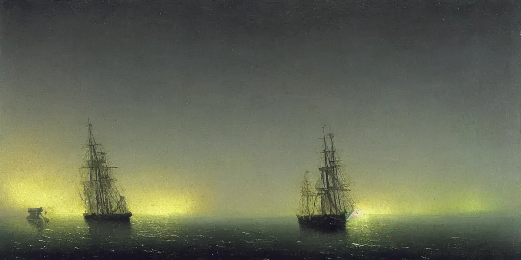 Image similar to “ a single three - masted sail ship beset in solid white ice, nighttime, aurora borealis, painting by ivan aivazovsky ”