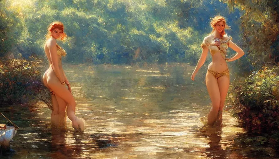 Image similar to enchanted liberland with pretty women enjoying water, hyperdetailed, artstation, painting by gaston bussiere, craig mullins, j. c. leyendecker r