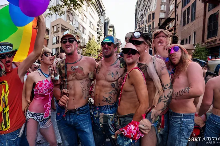 Image similar to pride party of rednecks, street photography, photojournalism