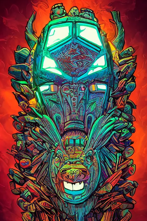 Image similar to totem animal tribal chaman vodoo mask feather gemstone plant wood rock video game illustration vivid color borderlands by josan gonzales and dan mumford radiating a glowing aura