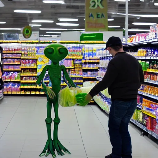 Image similar to mid shot of a roswell alien buying groceries at the store shot by amanda carlson and alex strelkovv, professional photo, masterpiece, very detailed, 4 k