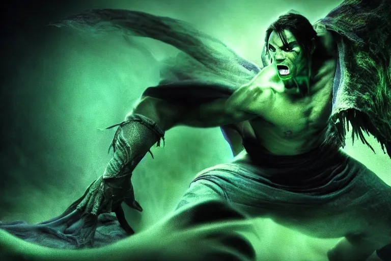 Image similar to vfx film, soul reaver, raziel irl, price of persia movie, missing jaw, hero pose, devouring magic souls, glowing green soul blade, in epic ancient sacred huge cave temple, flat color profile low - key lighting award winning photography arri alexa cinematography, hyper real photorealistic cinematic beautiful, atmospheric cool colorgrade