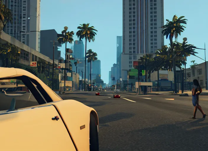 Image similar to still next - gen ps 5 game grand theft auto 6 2 0 2 4 remaster, graphics mods, rain, red sunset, people, rtx reflections, gta vi, miami, palms and miami buildings, photorealistic screenshot, unreal engine, 4 k, 5 0 mm bokeh, close - up 9 f cabrio!, gta vice city remastered, artstation