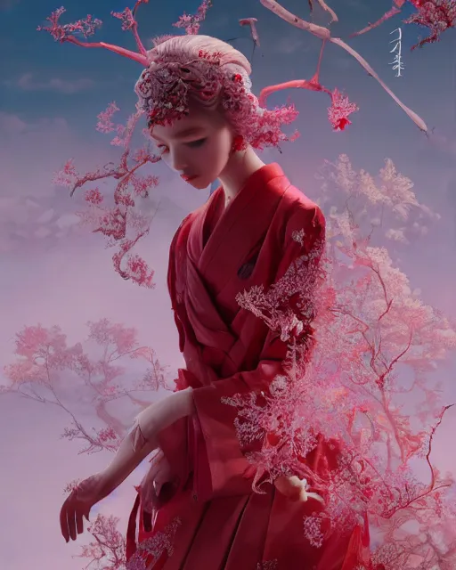 Image similar to detailed photo of pearl japanese doll, beautiful clothes, innocent, elegant red dress, 8 k, by tristan eaton, stanley artgermm, tom bagshaw, greg rutkowski, carne griffiths, trending on deviantart, hyper detailed, glorious lighting, epic environment