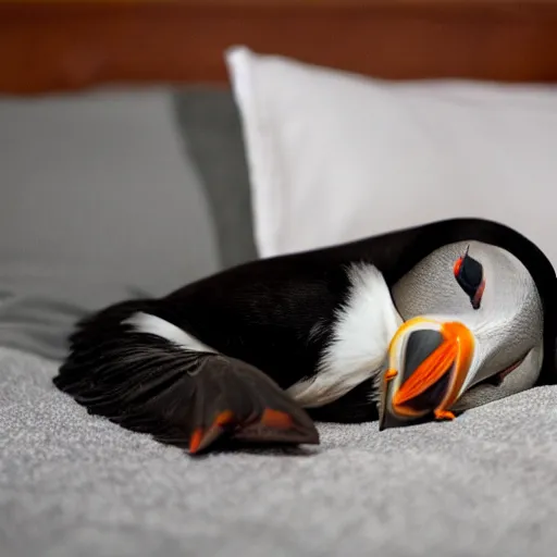 Image similar to puffin sleeping in an oversized bed