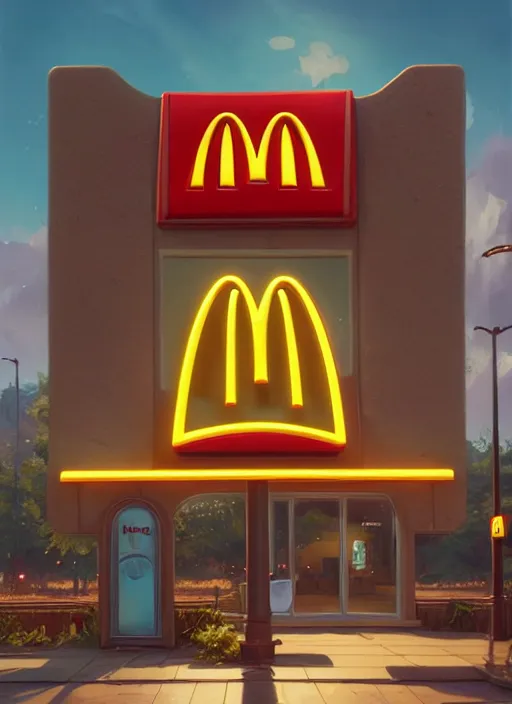 Image similar to Highly detailed McDonalds logo, Stephen Bliss, unreal engine, fantasy art by Greg Rutkowski, Loish, Rhads, Makoto Shinkai and Lois van baarle, ilya kuvshinov, rossdraws, Tom Bagshaw, global illumination, radiant light, detailed and intricate environment