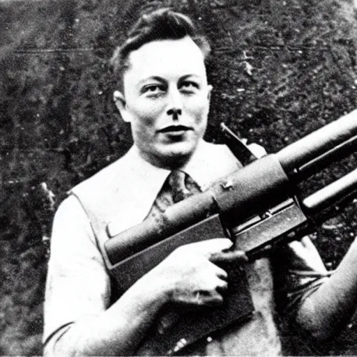 Image similar to old wartime photograph of elon musk holding a lewis gun, 1 9 1 7