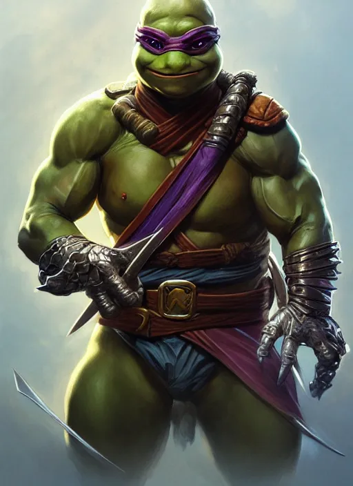 Image similar to Portrait of ninja turtle, D&D, muscular, fantasy, intricate, elegant, highly detailed, digital painting, artstation, concept art, smooth, sharp focus, illustration, art by artgerm and greg rutkowski and alphonse mucha