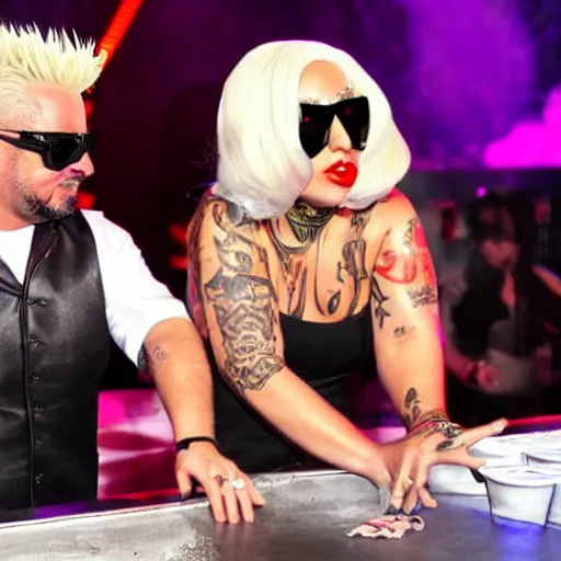 Image similar to a mix of lady gaga and guy fieri playing beer pong on stage