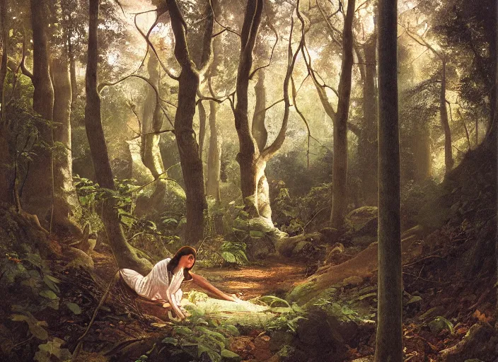 Image similar to a porcelain marble woman in deep forest grotto, dappled light on the forest floor, by abbott fuller graves