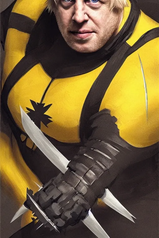 Image similar to Boris Johnson as movie Wolverine, claws are up, yellow X-man costume, Boris Johnson hairstyle, calm, grumpy, portrait, masculine figure, highly detailed, digital painting, artstation, concept art, smooth, sharp focus, illustration, cinematic lighting, art by artgerm and greg rutkowski and alphonse mucha