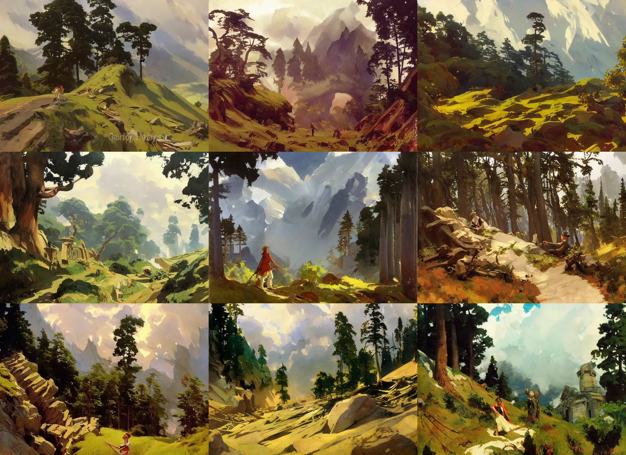 Prompt: painting by sargent and leyendecker and greg hildebrandt savrasov levitan polenov, studio ghibly style mononoke, huge giant old ruins, middle earth above the layered low clouds praire road between forests trees river lakes stones plain land overcast storm masterpiece