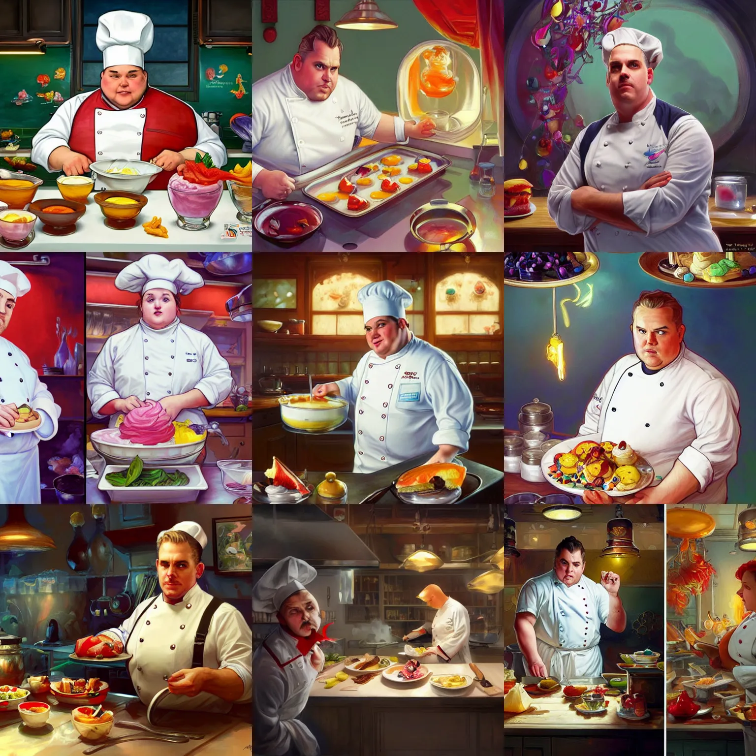 Prompt: Jordan Peterson as an Obese chef making awesome colorful desserts in his kitchen, highly detailed, digital painting, artstation, concept art, sharp focus, illustration, art by artgerm and greg rutkowski and alphonse mucha