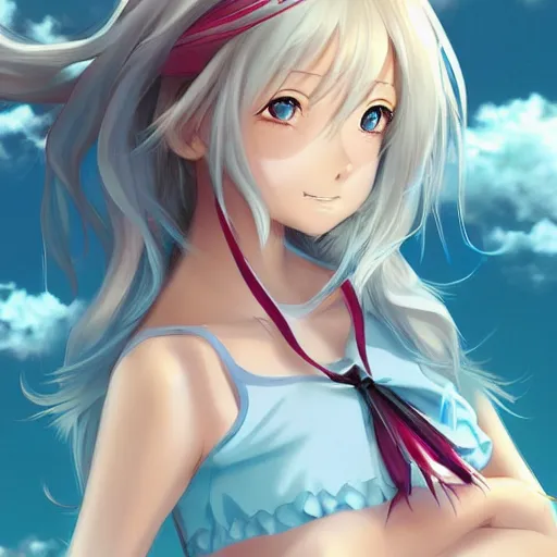 Image similar to a very beautiful young anime tennis girl, full body, long wavy blond hair, sky blue eyes, full round face, short smile, bikini, miniskirt, highly detailed, cinematic wallpaper by stanley artgerm lau