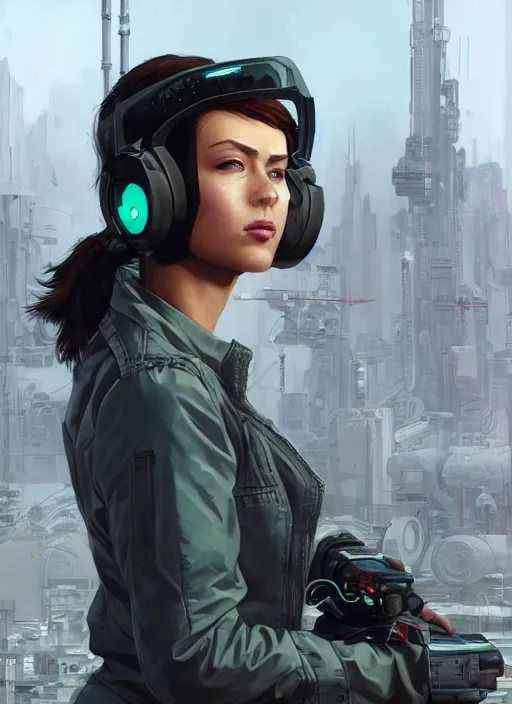 Image similar to Feminist Sara. Gorgeous female cyberpunk hacker wearing a cyberpunk headset, military vest, and pilot jumpsuit. gorgeous face. Realistic Proportions. Concept art by James Gurney and Laurie Greasley. Moody Industrial skyline. ArtstationHQ. Creative character design for cyberpunk 2077.