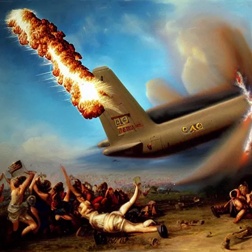 Image similar to photo - realistic beautiful baroque painting of a c - 1 3 0 exploding in the sky hyperrealism magical realism fantasy realm 8 k