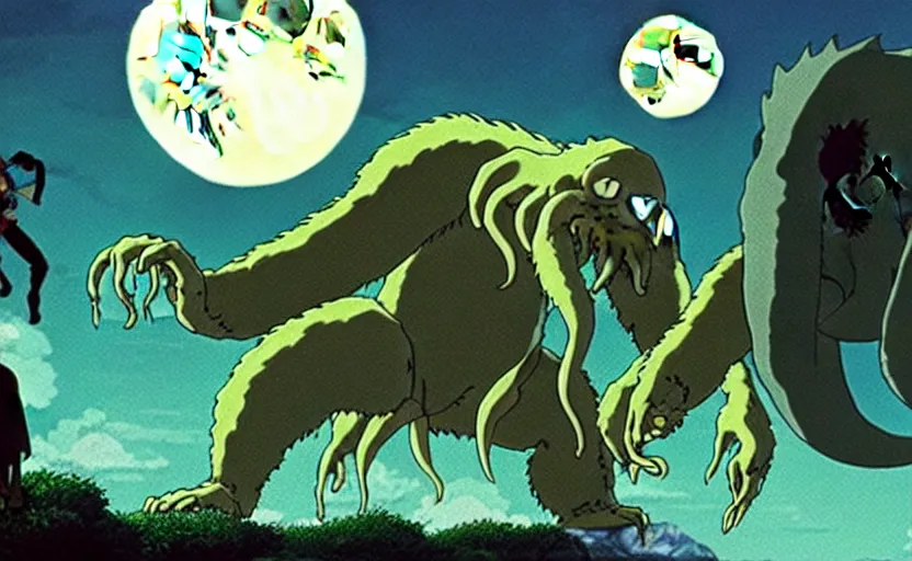 Image similar to a still from a studio ghibli movie of a cartoon cthulhu slicing open king kong from princess mononoke ( 1 9 9 7 ), in front of a pale full moon, full body, wide shot, very dull muted colors, studio ghibli, highly detailed, deviantart, art by artgem